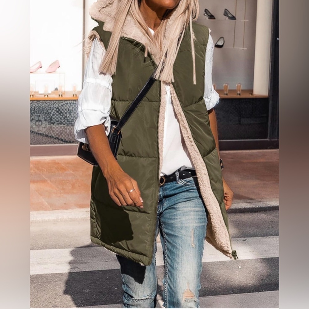 Amazon Long Puffer Quilted Vest with Sherpa Lining Olive SZ Small